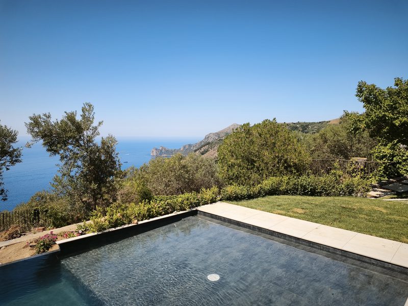 Piscina a sfioro panoramica con giardino e ulivi